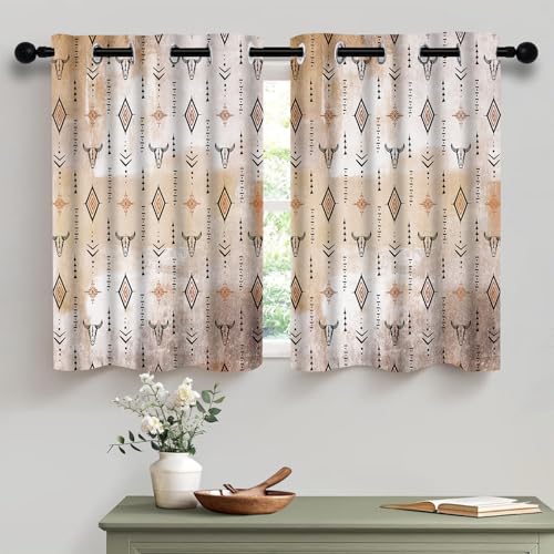 Aztec Western Blackout Small Curtains for RV Cafe, Tribal Bull Skull Boho Grommet Short Thermal Insulated Curtain Native Ethnic Rustic for Kitchen Bedroom Bathroom Privacy Drapes 2 Panels, 42x24in - color: Orange Black, size: 42"W x 24"L (Pack of 2)