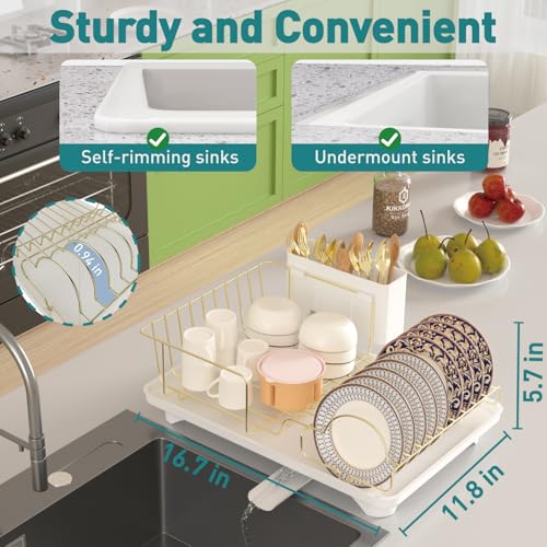 Buruis Dish Drying Rack for Kitchen Countertop, Large Capacity Gold Stainless Steel Dish Drainer with Anti-Slip Rubber Feet, Removable Drain Board and Utensil Holder (White Tray) - color: White Drainer