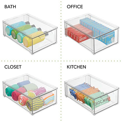 mDesign Plastic Stackable Bathroom Storage Organizer Bin with Pull Out Drawer for Cabinet, Vanity, Shelf, Cupboard, Cabinet, or Closet Organization - Lumiere Collection - 4 Pack - Clear - size: 8 x 12 x 4 (Pack of 4)