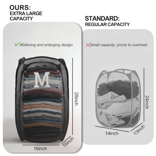 Collapsible Pop Up Laundry Hamper, Extra Large with Removable Initial Letter M, Mesh Foldable Laundry Basket, 28" x 16" x 16" (Black) - color: 1P BlackM
