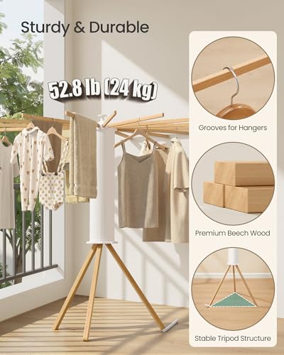 SONGMICS Clothes Drying Rack Foldable, Rotary Tripod Laundry Drying Rack, Rotatable Portable Floor Standing Clothes Airer, Laundry Room Balcony, 16 Pull-Out Wood Arms, Natural Color ULLR530YW01 - style: Wood Arms