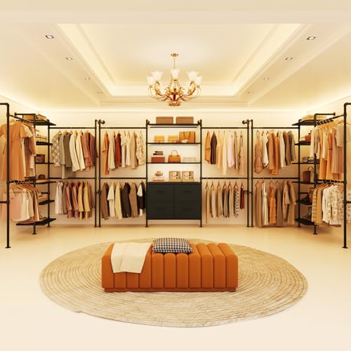 T3 Closet System with Stepless Dimmable LED Light, Industrial Pipe Clothing Rack with 4 Drawers, 6 Wooden Shelves & 4 Telescopic Rods, Heavy Duty Closet Organizers in Wardrobe Closet (Black) - color: Black