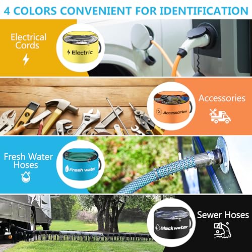 BOYISEN RV Hose Storage Bags 4 Pack - Waterproof RV Sewer Hose Storage, RV Utility Bag Organizer, RV Hose Bag for Electrical Cords, Fresh/Black Water Hoses and RV Accessories (Zipper Closures) - style: Two-Way Zipper Closures and Visible Cover