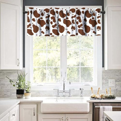 Cow Fur Print Valance, Abstract White Brown Cowhide Cute Animal Skin Short Blackout Window Treatments for Kitchen Kids Boys Girls Bedroom Living Room, 54x18inch - color: Cowhide-3
