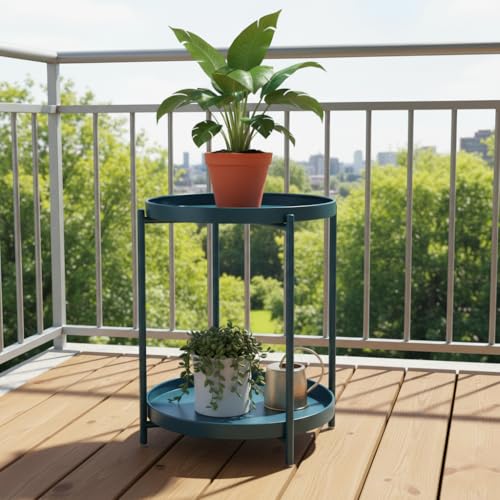 danpinera 2-Tier End Table, Outdoor Side Table Metal Round Side Table with Removable Tray, Small Accent Table, Anti-Rust Nightstand for Bedroom Balcony Patio Living Room (Navy Blue) - color: Navy Blue