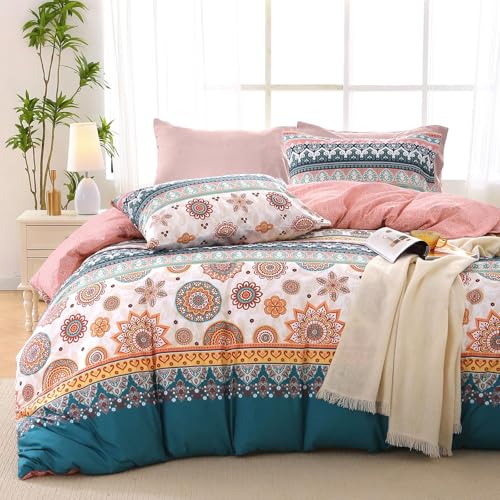 MUXHOMO Full Comforter Set, Bohemian Elegant Floral Print Bed in a Bag 7 Pieces, Ultra Soft & Breathable Reversible Botanical Pattern Bedding Set with Comforter, Sheets, Pillowcases, and Shams - color: Bohemian Flower, size: Full(82"x86")