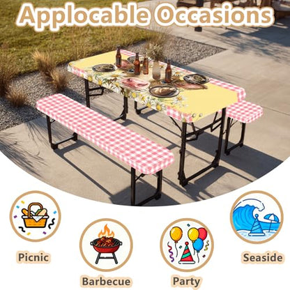 Picnic Table Cover with Bench Covers Elastic Edges, Outdoor Patio Camping Essentials 72 Inch 3PCS, Waterproof Camping Fitted Tablecloth with Handbags (Pink check daisy cow) - color: Pink checkered cow, size: 72" x 30" (Rectangular)