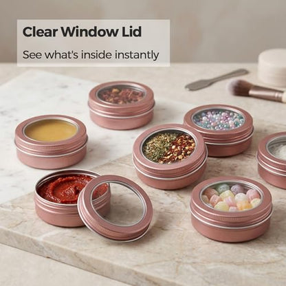 2 oz (60ml) Rose Gold Aluminum Tins with Clear Lids and Labels, 24 Pack | Clear View Lid, Secure Packaging, Tight Screw Lids, Includes Blank Labels, 11 Color Options - color: Rose Gold
