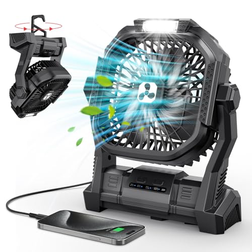 ONLYNEW Portable Fan Rechargeable, 20000mAh Cordless Battery Powered Fan with LED Lantern Battery Operated for Camping Travel Bedroom Home Tent Office Beach Desk Fishing Table - color: Black, size: Medium