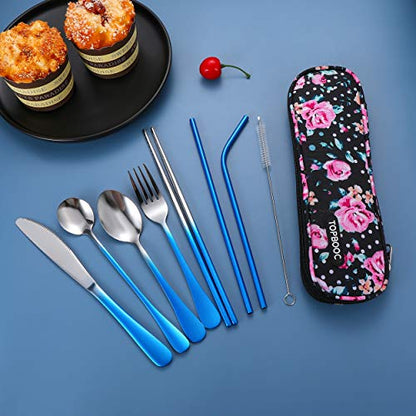 Travel Utensils,Reusable Silverware Set To Go Portable Cutlery Set with a Waterproof Carrying Case for Lunch Boxes Workplace Camping Picnic (GraBlue) - color: Gradient Blue + TeaSpoon