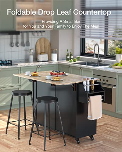Qsun Kitchen Island with Storage, Kitchen Cart on 5 Universal Wheels, Mobile Kitchen Island with Rubber Wood Top and Side Rack (Black) - color: Black