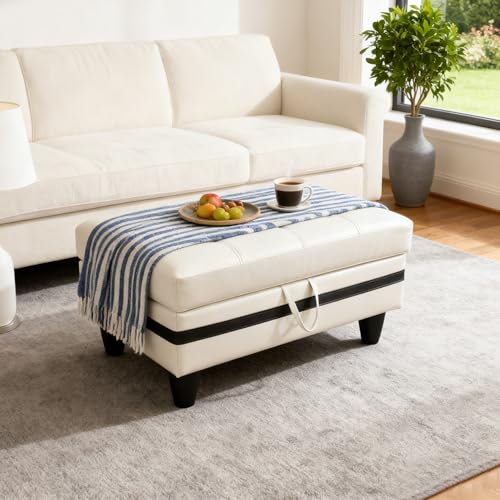 Leather Storage Ottoman Footstool Bench for Living Room Furniture,33.5" Large Square Foot Rest Stool Coffee Table,Leather Sofa Chair for Home Decor,Bedroom,Apartment,Rv Car(Cream Stripe) - color: Cream Stripe 33.5