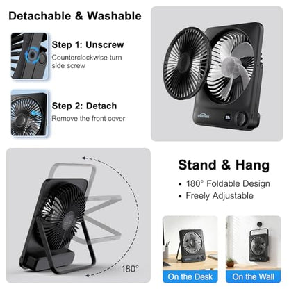 WHATOOK Large Travel Desk Fan: 10000mAh Battery 40 Hours Runtime Silent Rechargeable Fans, Quite Personal Portable Fan for Camping Bedroom Office Small Desktop fan (8.3 * 7.1inch Black) (Black) - color: Black