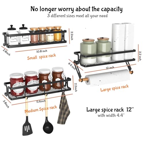 Spice Rack Wall Mount, Black, 3 Pack | Paper Towel Holder and Hooks, Screw or Adhesive Hanging, Space Saving, For Seasonings, Stove, RV, Cabinet - color: Black