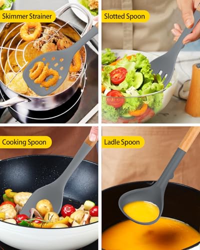 Silicone Kitchen Utensil Set for Non Stick Cookware, 7 Pcs Heat Resistant Cooking Utensils with Wooden Handle, BPA Free Kitchen Tools with Spatulas, Spoons, Skimmer and Pasta Fork (GRAY) - color: Gray