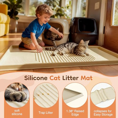 ISSEVE Cat Litter Mat 54" x 27.5" XXL, Extra Large Silicone Mat for Litter Box, 1.38" Raised Edge Waterproof Litter Trapping Mat Pad for Scatter Control, Soft on Kitty Paws, Protect Floor (Beige) - color: Beige