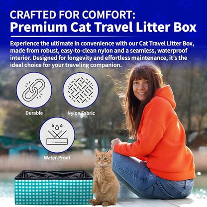 Pet Fit For Life - Vibrant Collapsible Travel Cat Litter Box - Portable, Foldable, Compact Design with Bonus Water Bowl - Ideal for Car & Camping - Reusable, Cats Safe - Teal, (16"x12"x5") - color: Teal