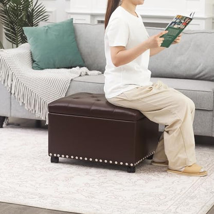 Joveco Leather Storage Ottoman with 360° Caster Wheels 24" Foot Rest Bench Rectangle Ottomans Stool for Living Room Bedroom (Brown, Wheels) - color: Brown With Casters
