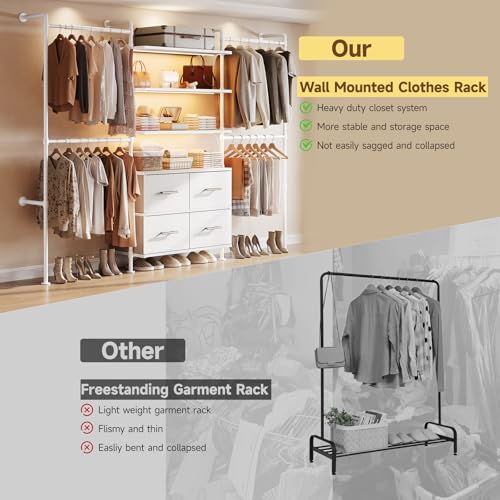 T3 Closet System with Stepless Dimmable LED Light, Industrial Pipe Clothing Rack with 4 Drawers, 6 Wooden Shelves & 4 Telescopic Rods, Heavy Duty Closet Organizers in Wardrobe Closet (White) - color: White