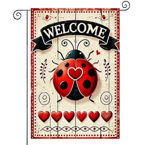 BlissYard Welcome Garden Flag 12x18 Inch Double Sided Ladybug Heart Floral Burlap Garden Flag Rustic Farmhouse Yard Outdoor Small Banner for Porch Patio Lawn Spring Summer Decoration - color: Ladybug Garden Flag