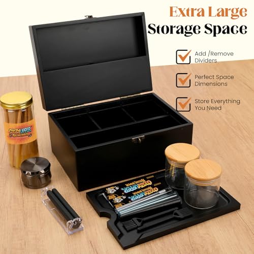 Large Bamboo Storage Box with Lock, Removable Wooden Tray, Airtight Rubber Seal Glass Jars, Decorative Lockable Wooden Organizer Box, Complete Accessories Gift Set