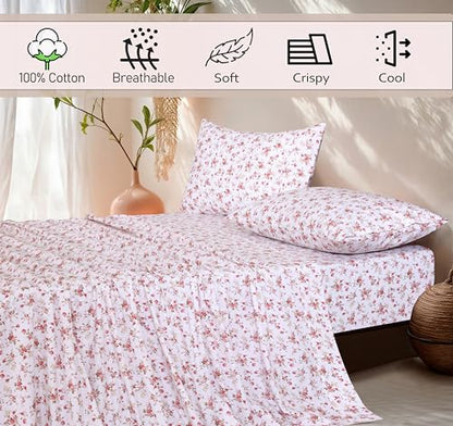 RUVANTI 100% Cotton Percale Sheets Full Size, Bouquet | Crisp Cooling, Deep Pocket 16", Soft Breathable & Durable, Hotel-Style, 4 Piece Set - color: Bouquet, size: Full