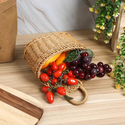 Toyvian Wall Hanging Woven Basket, Boho Plastic Rattan Storage Bin for Garlic Ginger Onion Decorative Farmhouse Wall Basket for Kitchen Pantry Bathroom Garden Washable, 9.6x7.5inch