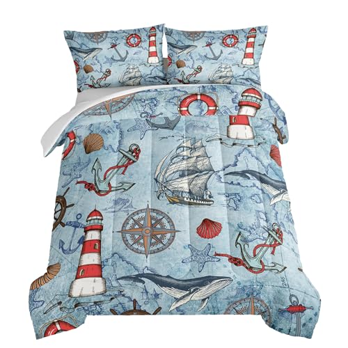 HOSIMA Anchor Nautical Bedding Sets,Vintage Sail Boat Lighthouse Compass Bedding Sets Full Size,Whale Starfish Printed Comforter for Kids Teens Room Decor,Coastal Theme Bedding with 2 Pillowcases. - color: Blue-a, size: Full