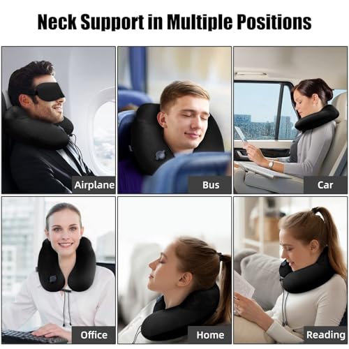 Inflatable Travel Neck Pillow for Airplanes, Super Soft Velvet Neck Support, Adjustable Firmness, Blow Up Plane Pillow for Long Flights, Road Trips, Travel Essentials with Eye Mask, Earplug - color: Black
