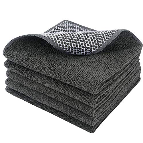SINLAND Microfiber Dish Cloths Wash Clothes for Kitchen Best Kitchen Cloths Cleaning Cloth Poly Scour Side 12"x12" (5Pack, Dark Grey) - color: Dark Grey, size: 12inchx12inch 5pack
