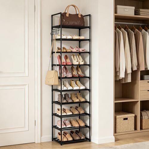 Narrow Shoe Rack 10 Tiers Tall Shoe Rack for Entryway Closet 20 24 Pairs Shoe & Boots Organizer Storage Shelf Durable Black Metal Stackable Shoe Cabinet with Hooks, 17.1D x 11.8W x 78.7H in - color: Black