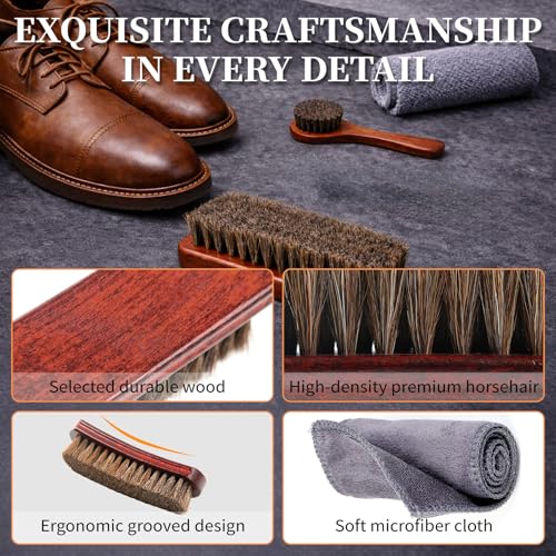 3PCS 100% Horse Hair Shoe Brush Set for Leather Boots Horsehair Brush for Polishing Cleaning Buffing Professional Shoe Shine Kit for Men Suede Boot Care Conditioner Accessories Tool