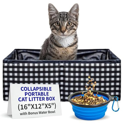 Pet Fit For Life - Vibrant Collapsible Travel Cat Litter Box - Portable, Foldable, Compact Design with Bonus Water Bowl - Ideal for Car & Camping - Reusable, Cats Safe - Black, (16"x12"x5") - color: Black