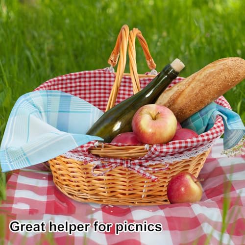 GNIEMCKIN 14 Inch Wicker Basket with Handle, Wicker Picnic Baskets with Red Liner, Oval Willow Woven Basket for Fruit, Wine, Wedding, Picnic - size: 14 Inch