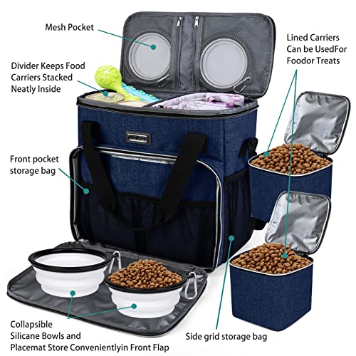BAGLHER Dog Travel Bag, Pet Travel Bag (ALL Pet Travel Supplies), With 2 Pet Food Containers and 2 Collapsible Silicone Bowls; Essential Kits for Pet Travel Dark Blue - color: Dark Blue, size: Medium