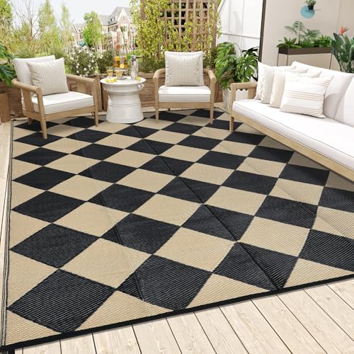 GarveeLife 9x12 Outdoor Rug for Patio Reversible, Plastic Straw Rug Waterproof Camping Rug Portable, Foldable Lightweight Mat for RV, Patio, Backyard, Deck, Picnic, Beach (Black/Offee) - color: Black/Coffee, size: 9' x 12' (Rectangular)