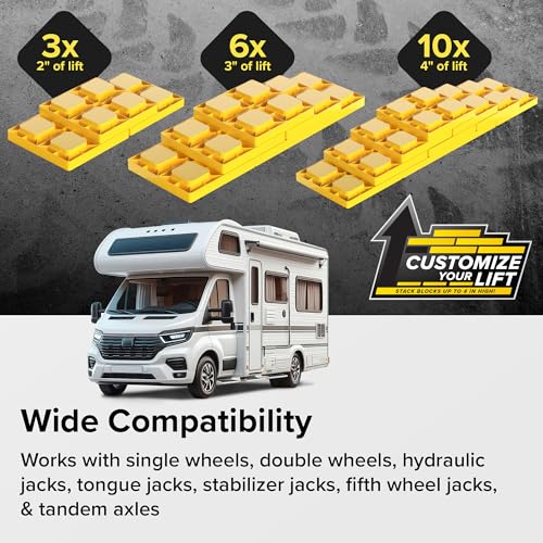 Camco RV Leveling Blocks - Features Interlocking Nested Design & Storage Bag for RV Storage and Organization - Each Leveling Block Measures 8.5" x 8.5" x 1" - 10-Pack, Design May Vary (44510) - size: 10-Pack, style: Leveling Block