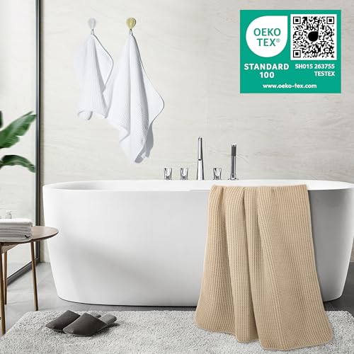 POLYTE 430 GSM Microfiber Quick Dry Lint Free Oversize Bath Towel Set, 6 Piece (Waffle Weave) - color: White,beige