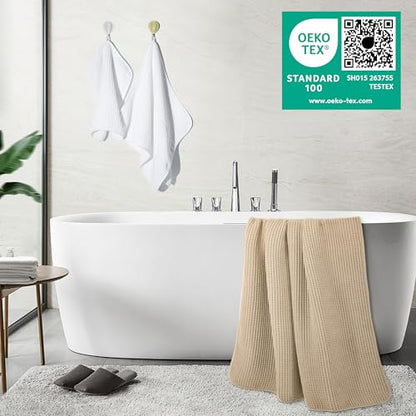 POLYTE 430 GSM Microfiber Quick Dry Lint Free Oversize Bath Towel Set, 6 Piece (Waffle Weave) - color: White,beige