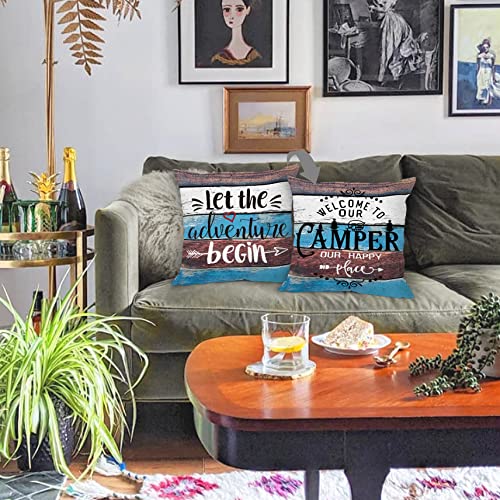 Rustic Welcome to Our Camper Let The Adventure Begin Throw Pillow Cover Pillowcase 18x18 Inch (Reversible) Decor, Camping Rv Farmhouse Sofa Bed Bedroom Home Decoration