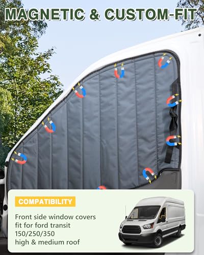 Insulated Blackout Van Window Covers Fit for Ford Transit 150 250 350 High/Medium Roof 2015-2025, Magnetic Van Front Door Side Window Shades (Pair) - Gray - size: Front Door (Pair)