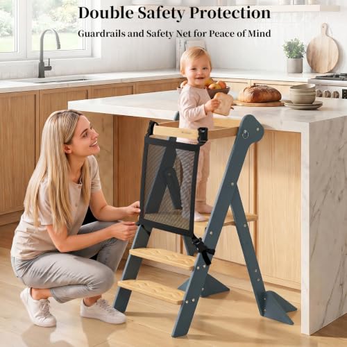 COSYLAND Foldi Foldable Toddler Kitchen Stool - Adjustable Height Toddler Standing Tower with Net & Safety Feet, IF Award-Winning Wooden Learning Step Tower for 18M-6Y, Slate Blue & Natural - color: Slate Blue & Natural