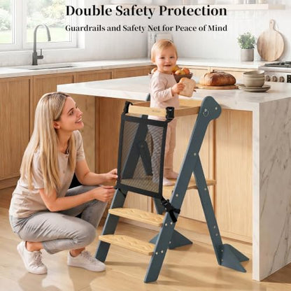 COSYLAND Foldi Foldable Toddler Kitchen Stool - Adjustable Height Toddler Standing Tower with Net & Safety Feet, IF Award-Winning Wooden Learning Step Tower for 18M-6Y, Slate Blue & Natural - color: Slate Blue & Natural