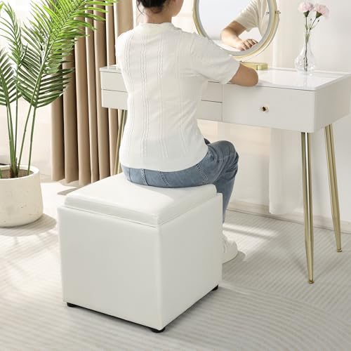 Adeco 17" White Storage Ottoman Cube with Tray Lid, Small Footstool with Storage, Square End Table for Living Room & Bedroom - color: White Leather With Tray