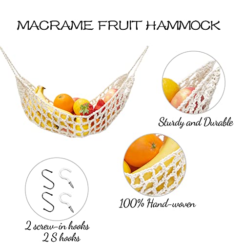 Fruit Hammock for Kitchen Under Cabinet Fruit Basket Hanging Handwoven Cotton Macrame Basket Boho Decor Storage Save Counter Space for Home Camper RV (Off-white)