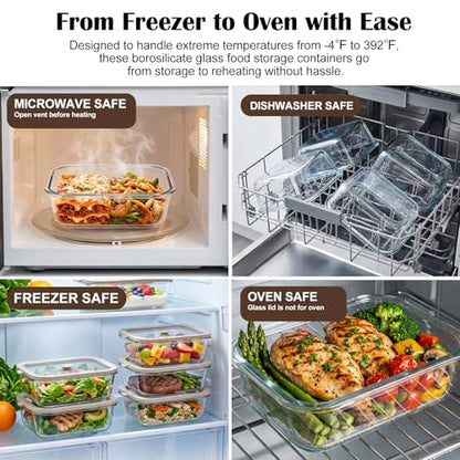 2 Pack 50 oz Large Glass Food Storage Containers with Lids,6.2 Cups Airtight Meal Prep Containers, Non-Toxic Glass Containers for Vegetables, Fruits, Microwave, Dishwasher - size: 50oz