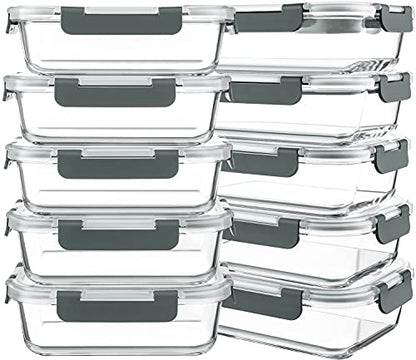 KOMUEE 10 Packs 30 oz Glass Meal Prep Containers,Glass Food Storage Containers with Lids,Airtight Lunch Bento Boxes,Microwave,Freezer and Dishwasher,Gray - color: Gray