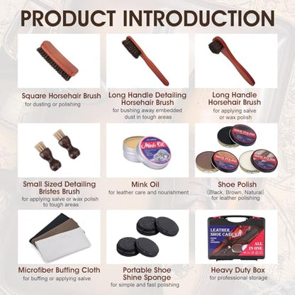 TUXIYA 15pcs Shoe Shine Kit, Shoe Polish Kit, Leather Boot Care Kit, with Horsehair Brush&Wooden Applicator – Portable Travel Shoe Polish Kit for Brown/Black/Neutral Shoes