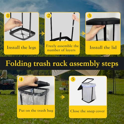 Portable Trash Bag Holder with Lid 13 Gallon Collapsible Garbage Bin for Camping, Kitchen, Outdoors Foldable Stand for 13-16 Gallon Bags Lightweight for Hiking, Picnics & Parties Black Polypropylene