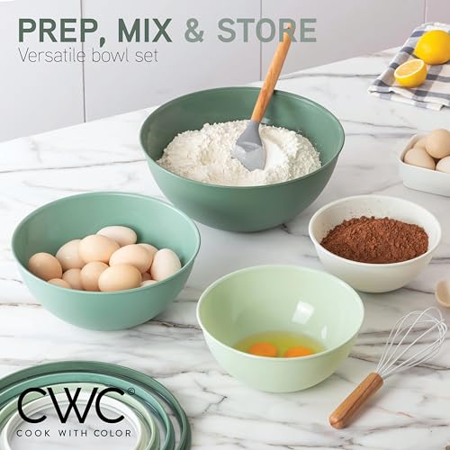 COOK WITH COLOR Mixing Bowls with Lids - 12 Piece Plastic Nesting Bowls Set includes 6 Prep Bowls and 6 Lids, Microwave Safe Mixing Bowl Set, Sage Tritan Lid - color: Sage Tritan Lid